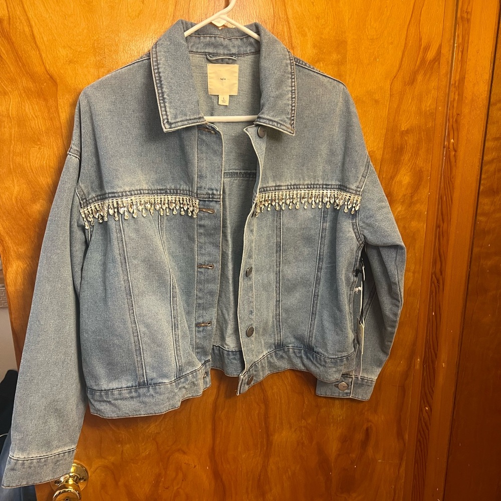Francesca’s Women's Denim Jacket with rhinestone NWT size large